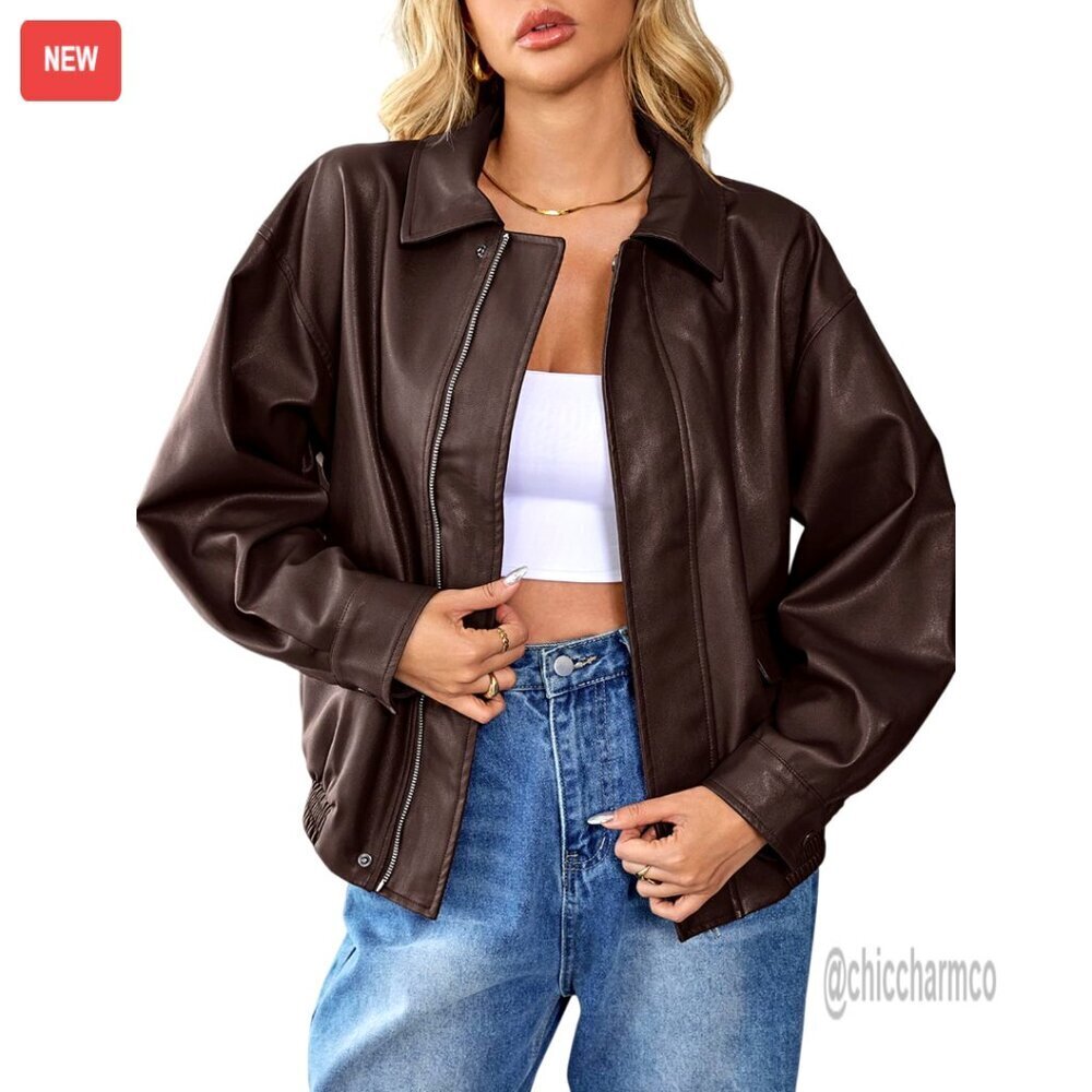 Faux Leather Bomber Jacket, Oversized Fit, Zip Up, Winter Outerwear